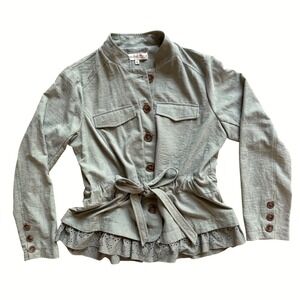 Sage Green Utility Jacket Button Front Tie Eyelet Ruffle Free People Inspired